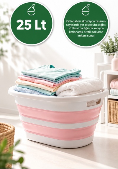Katlanabilir Çamaşır Leğeni 25 Lt Akordiyon Sepet Yer Kaplamaz Katlanır Banyo Organizer Gri