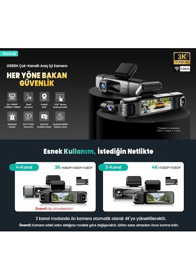 Botslab Ses Kontrolü,4 Kanallı 3,18 İnç Dokunmatik Ekran, 2160p + 1080p + 1080p Ön Ve Arka İç Döngü Kaydı, 5,8 Ghz Wifi, Gps, Gece Görüşü, Wdr, Park Modu İle 4k Araç Kamerası 128 Gb Hafıza Kartlı Sku