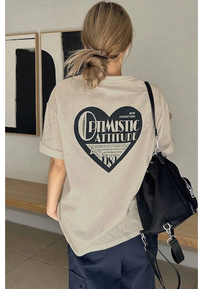 Unisex Optimistic Baskılı Tasarım Tshirt Bej