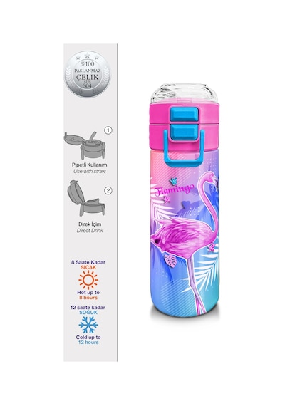 Coral High Kids Lavanta Pembe Flamingo Desenli Pipetli Ve Direkt İçim Çelik Termos 500 Ml 31921 Lavanta - Pembe