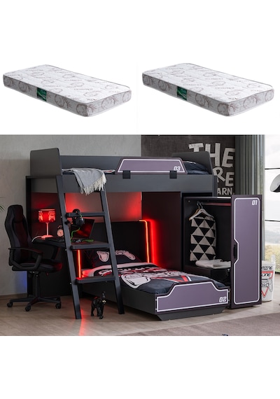 Ranzalı Oyuncu Odası, Gamer Ranza Ledli Karyola Masa Dolap 2 Adet Comfort Yatak 90 X 190 CM Ranzalı Oyuncu Odası, Gamer Ranza Ledli Karyola Masa Dolap 2 Adet Comfort Yatak 90 X 190 CM