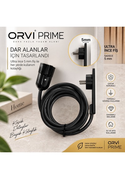 Orvi Prime 6 M İnce Fişli Uzatma Kablosu 5 Mm Dar Alanlar İçin Tekli Topraklı Çocuk Korumalı Siyah