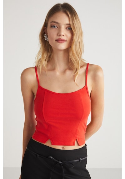 Ethıquet Mıkela Kadın Viskon Askılı Yırtmaçlı Vücüdu Saran Crop Kırmızı Body