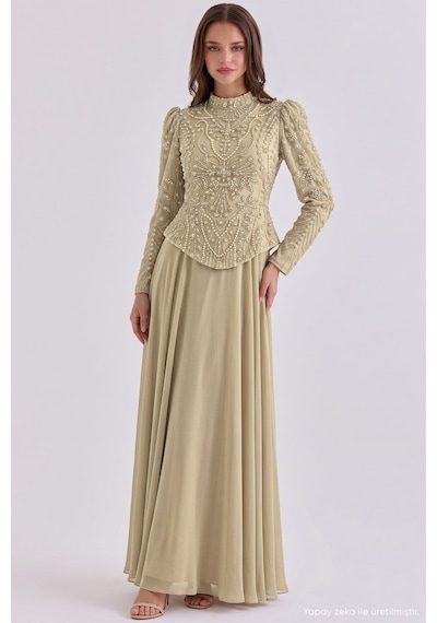 Olcay Boncuk Ve Taş Desenli Şifon Kombinli Exclusive Tesettür Abiye Elbise Taş 1120-y