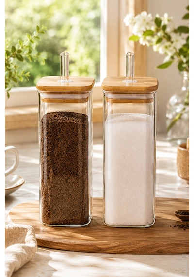 Porsima Cubes 2'li Bambu Kapaklı Borosilikat Cam Yağlık Ve Saklama Kabı Seti 525 Ml 9x18 Cm Cam Şeffaf