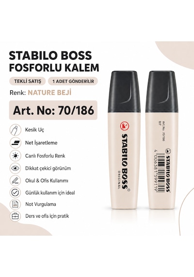 Boss Fosforlu Kalem 1 Adet Metin İşaretleme Kalemi Bej