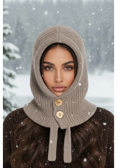 Givoria Kadın Balaklava Düğmeli Yün Örgü Balaclava Bere Kapüşonlu Boyunluk Kadın Şapka Camel Camel