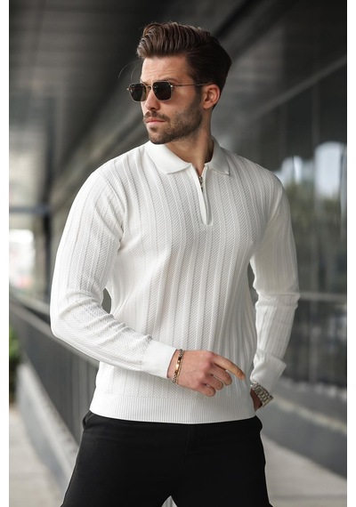 Madmext Beyaz Yarım Fermuarlı Polo Yaka Triko Kazak E7426 Beyaz