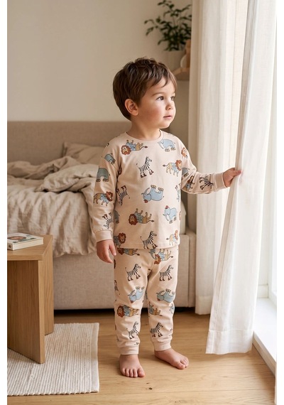 Zuzunga Sevimli Animal Aslan-zebra-fil Desenli Erkek Pijama Takımı Bej