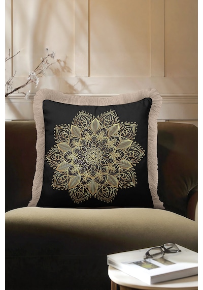 Mandala Motifli Saçaklı Yastık Kılıfı - Lüks Bohem Siyah Altın Renkli Püsküllü Kırlent Kılıfı Yosunlu Koyu Gri Mandala Motifli Saçaklı Yastık Kılıfı - Lüks Bohem Siyah Altın Renkli Püsküllü Kırlent Kılıfı Yosunlu Koyu Gri