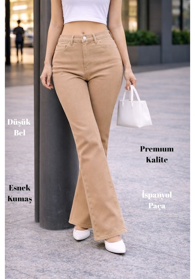 Cedy Denım Yüksek Kalite Kadın 5 Cep Düşük Bel İspanyol Paça Skinnyfit Esnek Jean Pantolon C619 Camel