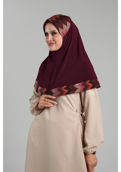 Hürrem Bone Bordo Pratik Hazır Geçmeli Tesettür Eşarp Sandy Renkli Desenli Fileli 2401 16 Bordo