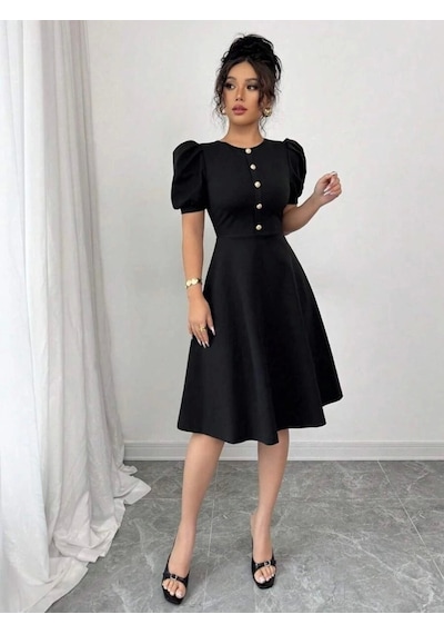 Defymoda Kadın Kısa Kollu Bisiklet Yaka Önden Düğmeli Ithal Krep Elbise Siyah