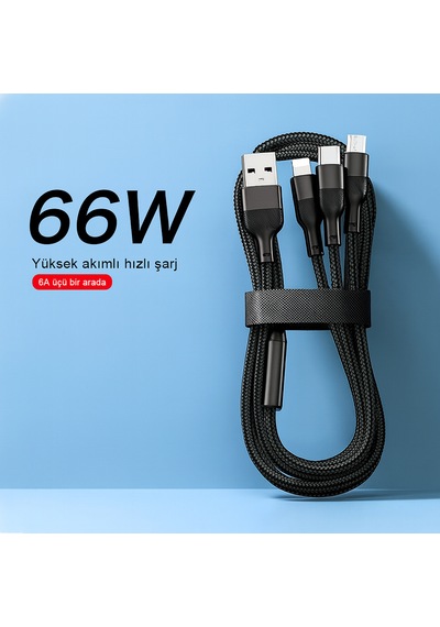 Ultra Dayanıklı 3 Lü 66w Şarj Kablosu 6a 6 Çip 2000 Kez Bükülmeye Dayanıklı 1.2 Metre 1.2M 3ın1