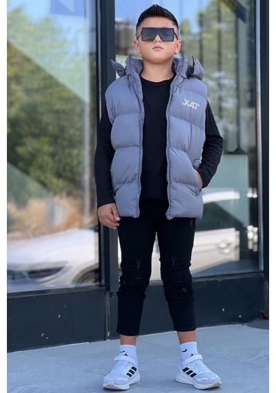 Pina Kids Erkek Çocuk Baskılı Çıkarılabilir Kapüşonlu Şişme Yelek 3017 Füme