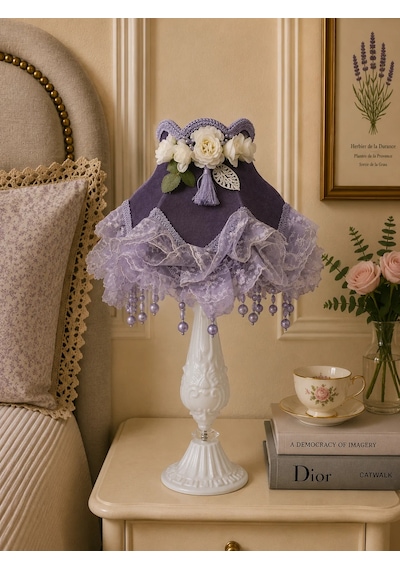 Gri Kadife Kaplı El Yapımı Başlık Ahşap Beyaz Ayak Klasik Model Abajur 50x25cm