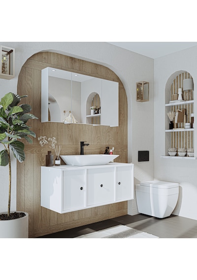 Çanak Lavabolu Mat Mdf 105 Cm Banyo Dolabı + Aynalı Dolap Mat Beyaz