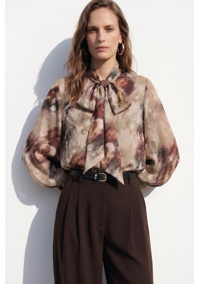 Sateen Fularlı Desenli Gömlek - Vizon-137422