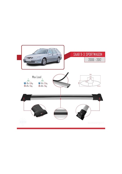 Saab 9-3 Sportwagon 2006-2012 Arası İle Uyumlu Fly Model Ara Atkı Tavan Barı Gri