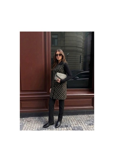 Onno Style Women Desenli Çelik Örgü Uzun Triko Kadın Yelek Kaban Siyah