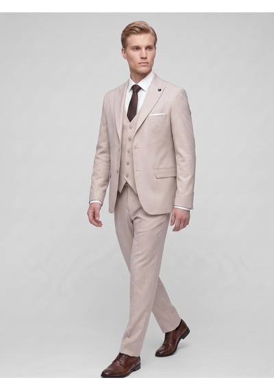 Tk6896 Erkek 3 Parça Slim Fit Çift Yırtmaçlı Takım Elbise Yelekli Şık Klasik Takım 6 Drop Bej