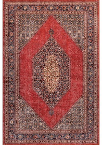 Artloop Folk Kırmızı Vintage Etnik Madalyonlu Klasik Desenli Dokuma Tabanlı Şönil Halı Al 620