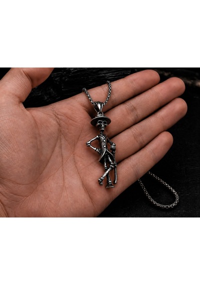 Paslanmaz Çelik Gotik Still Şapkalı İskelet Kolye Bastonlu Kuru Kafa Kolye Antik Gümüş