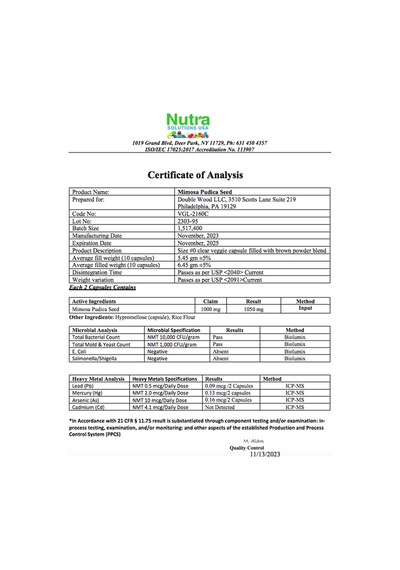 Double Wood Mimosa Pudica Seed 1000mg 180 Capsul 3937