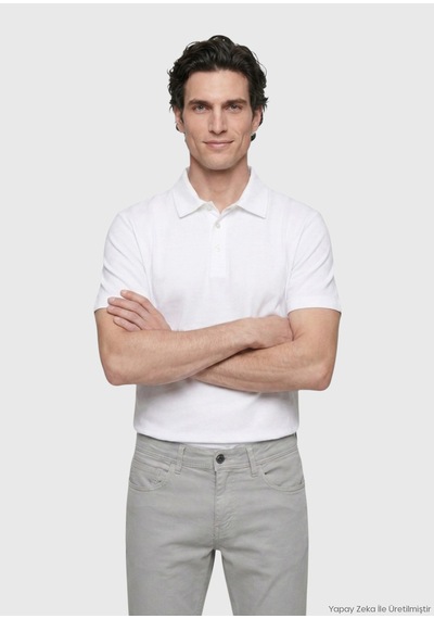 Ramsey Beyaz Düz Pamuk Karışımlı T-shirt