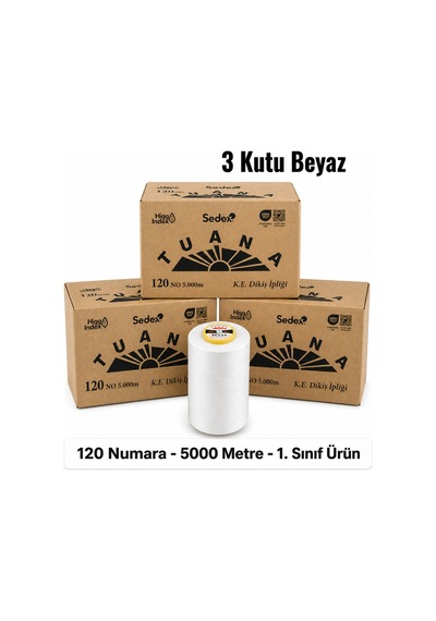 Tuana Polyester Dikiş İpliği 120 Numara 5000 Metre Beyaz 18 Bobin 3 Kutu Makine İpi Dikiş İpi