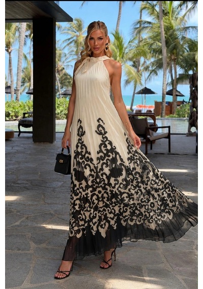Asprinfashion Halter Yaka Pliseli Baskılı Şifon Elbise Beyaz