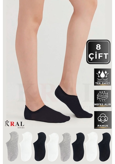 Kral Socks Kadın - Erkek 8 Li - 8 Çift Pamuklu Terletmez Yazlık Görünmez Çorap Seti Asorti