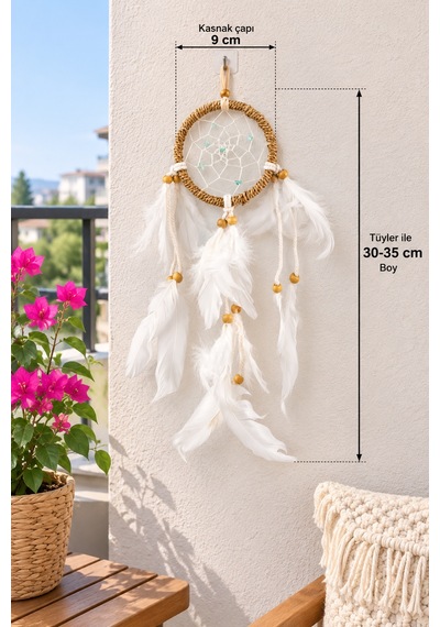 Bohem Beyaz Tüylü El Yapımı Düş Kapanı 9 Cm Kasnak 30-35 Cm Duvar Dekoru
