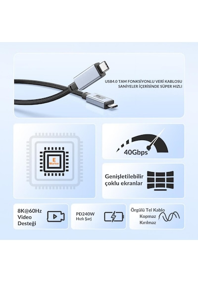 Polham Jasoz 1mt 240w 4.0 Thunderbolt Type-c To Type-c Şarj, Data Ve 8k 60hz Görüntü Aktarım Kablosu 1 Adet
