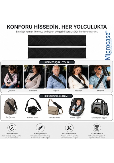Microcase Kapitone Desen Emniyet Kemeri Ve Askılık Omuzluk Kılıfı Yumuşak Elyaf Dolgu Malzeme Cırtlı Tasarım Siyah 2 Adet 40 Cm Al5670