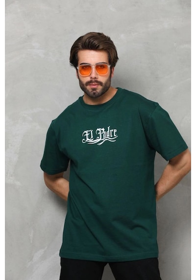 Bisiklet Yaka Baskılı Oversize T-shirt - Yeşil -