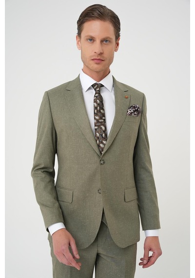 Efor Slim Fit Çift Yırtmaç Keten Karışımlı Yelekli Klasik Haki Takım Elbise Tk 914 Haki
