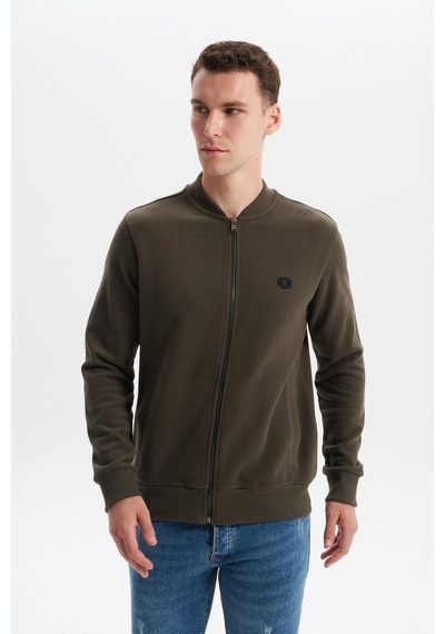 AR-MA Arma Erkek Slim Fit Selanik Kumaş Tam Fermuar Fleto Cepli Kapüşonsuz Kolej Yaka Sweatshirt K30324698302 Haki
