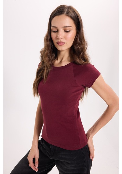 Tudors Kadın Slim Fit Dar Kesim Bisiklet Yaka Reglan Kol %100 Pamuk Bordo Tişört Bluz-51067