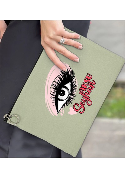 Bk Gift Kişiye Özel İsimli-5 Astarlı Mint Yeşili Portföy Çanta 30x21cm, Baskılı El Çantası, Organizer Çanta Yeşil