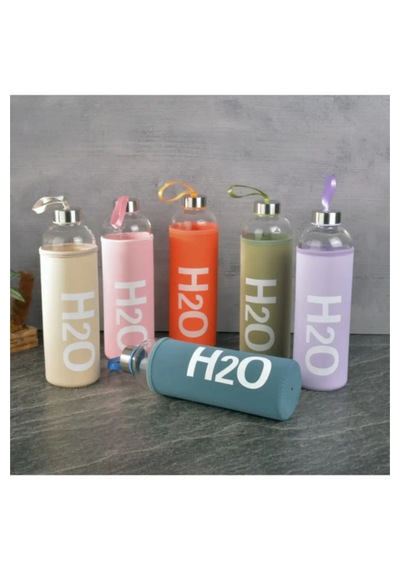 H2o Sağlıklı Cam Matara 1000 Ml Su Şişesi, Pastel Renk Kılıflı 1 Lt Sporcu Suluğu Bej