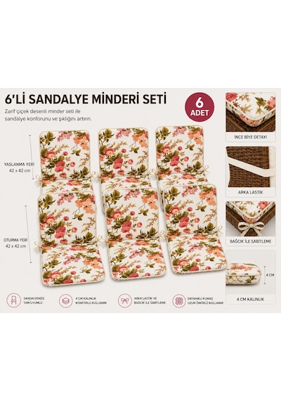 6adet Rattan Arkalıklı Sandalye Minderi Kalınlık 4cm İngiliz Gülü Pembe