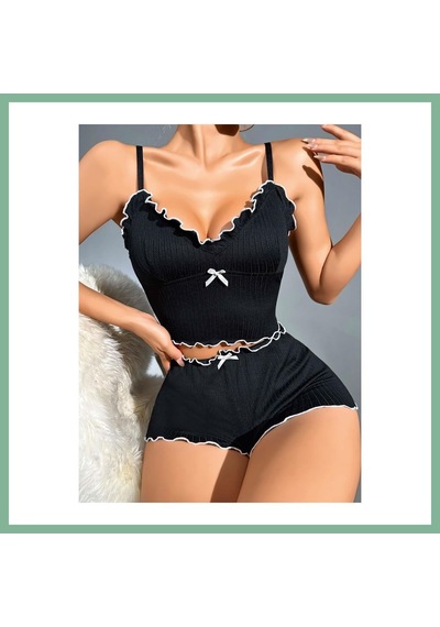Bşkvirgo Kadın Siyah Fitilli Askılı Şortlu Pijama Takım 5042 Beden: S/m Renk: Siyah Bsk2026