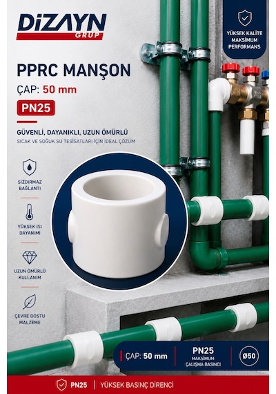 Dizayn Pprc Manşon 50 Mm 15 Adet Pn25 Temiz Su Tesisat Ek Parçası