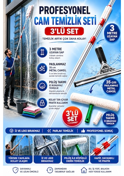 Profesyonel Cam Temizlik Seti 3 Parça - 3 Metre Uzayan Sap + Peluş Aparat + 35 Cm Camsil