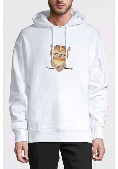 Owl Uykucu Baykuş Baskılı Beyaz Erkek Örme Kapşonlu Sweatshirt