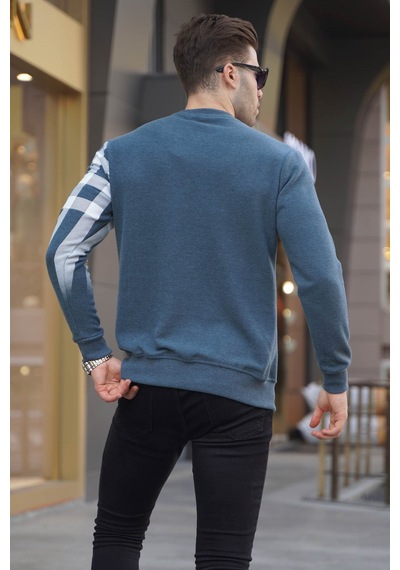 Madmext İndigo Bisiklet Yaka Baskılı Sweatshirt 6031 Mavi
