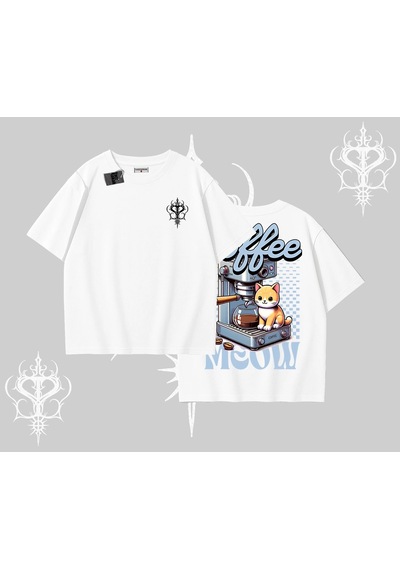 Startmore Startmore Coffee Meow Kahve Temalı Kedi Arka Baskılı Oversize Tshirt Beyaz