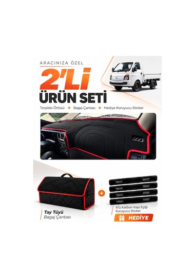 E-biz Hyundai H100 2020-2024 Uyumlu Torpido Örtüsü + Tay Tüyü Çanta - Siyah-kırmızı - Hu023