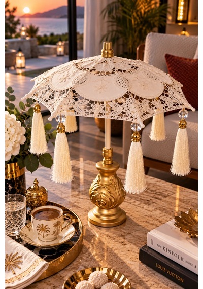 Gold Detaylı Krem Renkli Dantel Bali Sunum Şemsiyesi 34x30cm Dekoratif Şemsiye